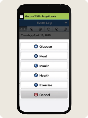 Phone screen displays a health app event log with options: Glucose, Meal, Insulin, Health, Exercise, Cancel