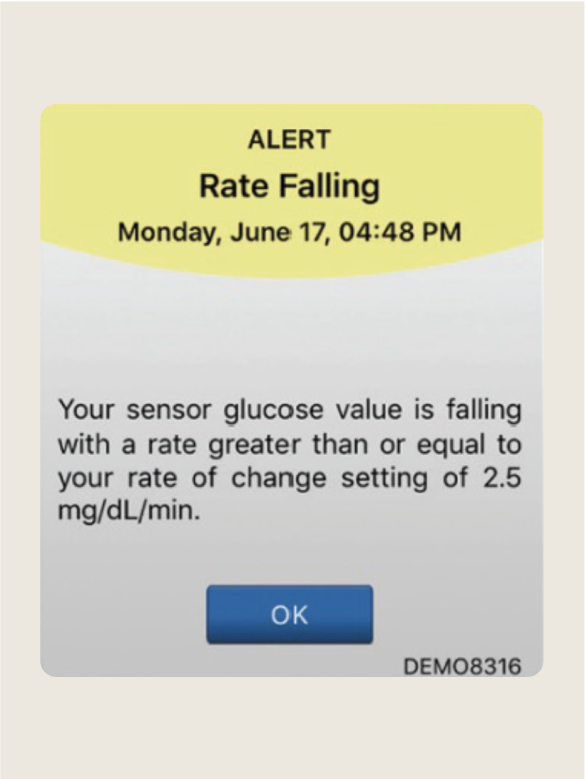 Alert message on a device shows "Rate Falling" notice, indicating glucose level decline